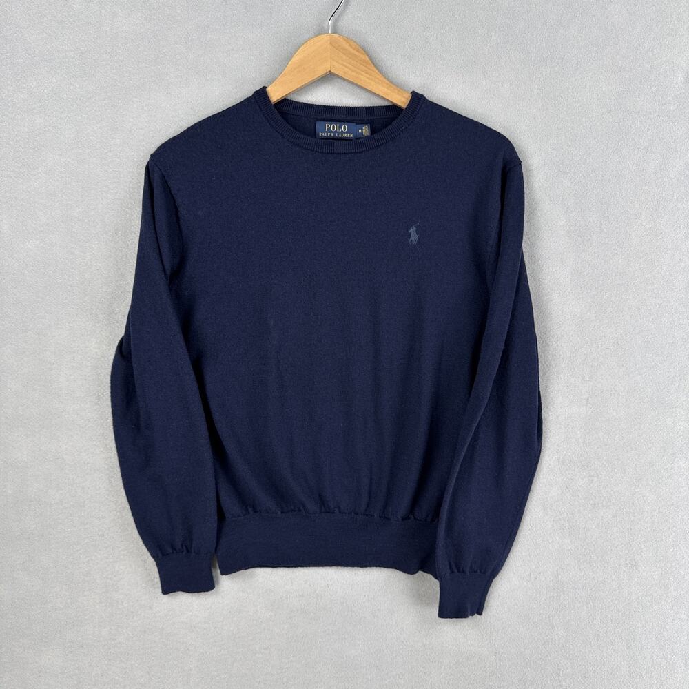 Polo Ralph Lauren Sweater Mens Medium Navy Merino Wool Crewneck Pullover Pony
